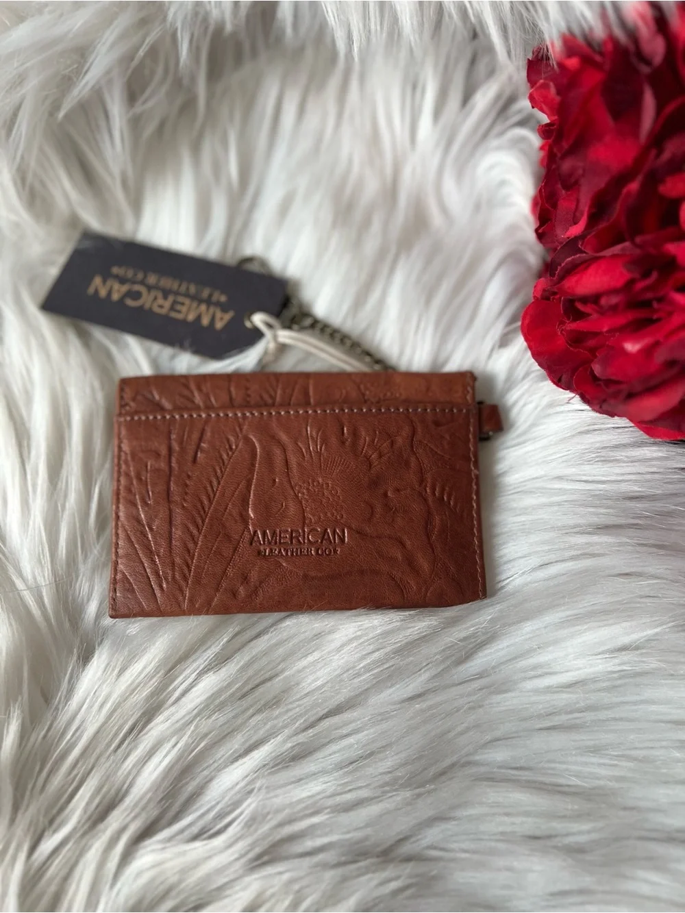 American Leather Co. Embossed Brown Leather Card And Key Wallet